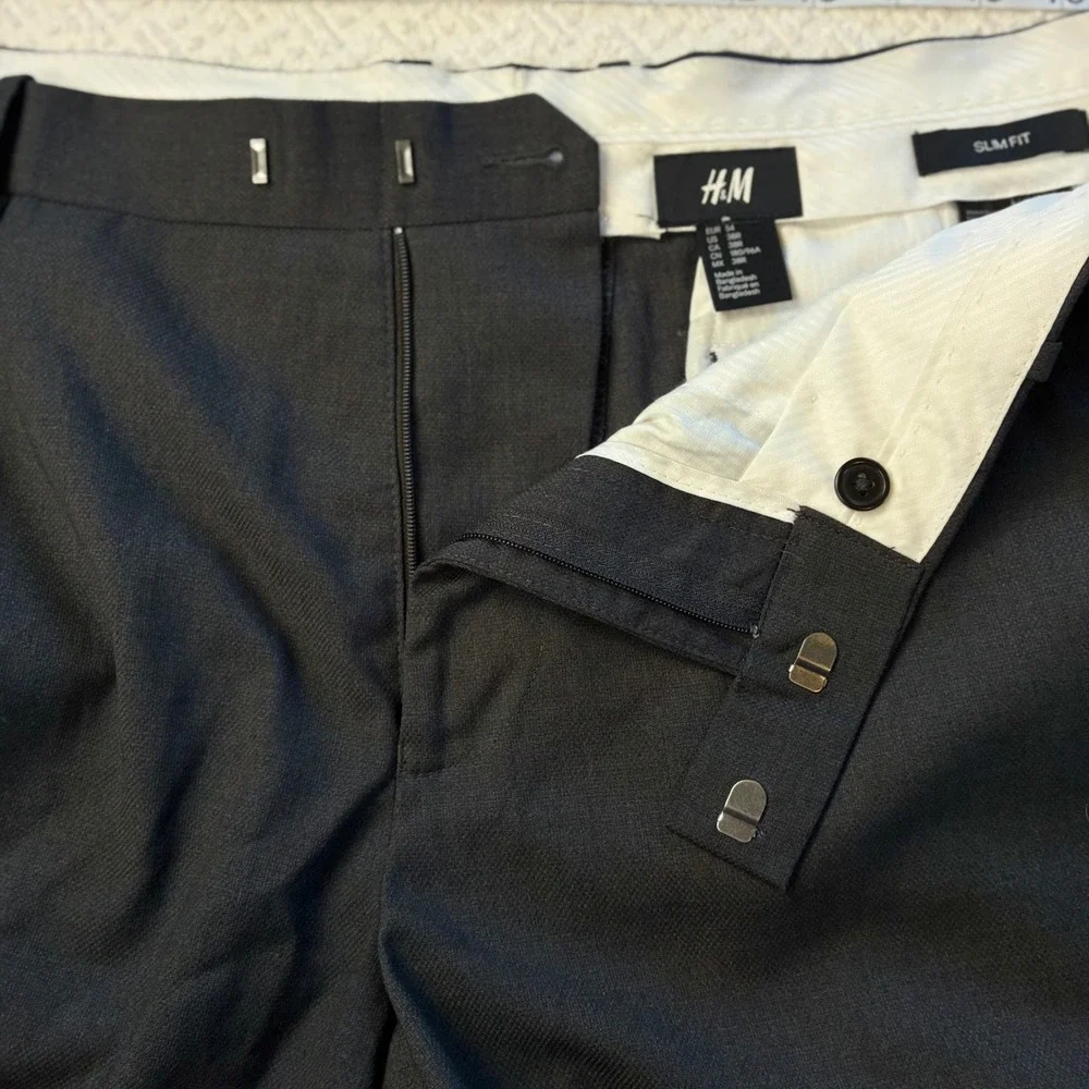 HM Mens 38R Slim Fit Suit Trousers Dark Charcoal Grey Dress Pants Academia